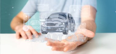 Bir pano smartcar arabirimi Pano 3d render tutan bir adam görünümü