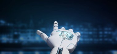 Bir Cyborg robot el görünümünü bir şehir arka planda 3d render