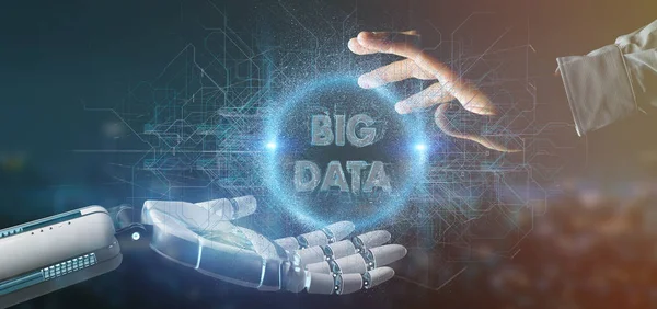 Vista Una Mano Cyborg Sosteniendo Título Big Data Renderizado — Foto de Stock