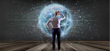 Dünya Dünya çapında bağlantı tutan bir adam görünümü 3d render izole