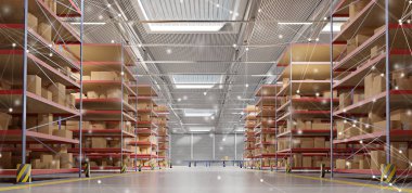 Bir bağlantı üzerinden bir ambar mal stok arka plan 3d render görünümünü