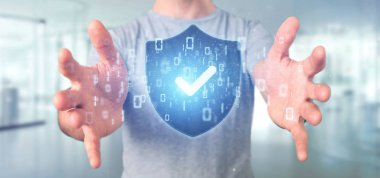 Bir kalkan web güvenlik kavramı 3d render tutan bir adam görünümü