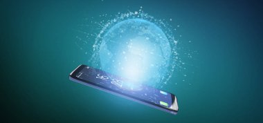 Bir arka plan üzerinde izole bir smartphone üzerinde veri earth dünya oluşturma 3D Görünüm