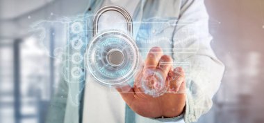 Bir asma kilit güvenlik teknoloji arabirimi 3d render tutan bir adam görünümü