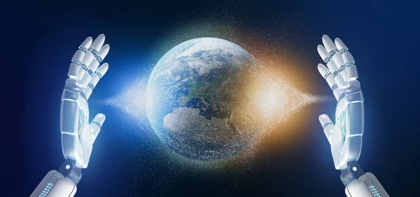 Dünya Globle Parçacıklar Render Tutan Bir Cyborg Görünümünü — Stok fotoğraf