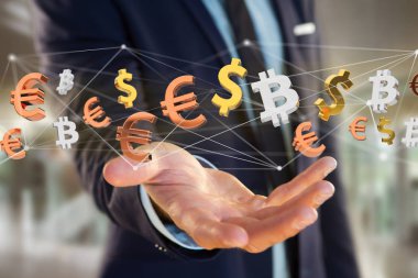Dolar, Euro ve Bitcoin işaretler bir ağ bağlantı - 3d render uçan görünümünü