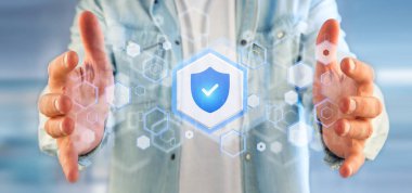 Bir kalkan web güvenlik kavramı 3d render tutan bir adam görünümü