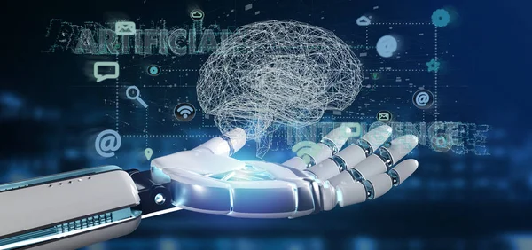 View Cyborg Hand Holding Artificial Intelligence Concpt Brain App Rendering — Stock Photo, Image