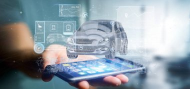 Bir pano smartcar arabirimi Pano 3d render tutan bir adam görünümü