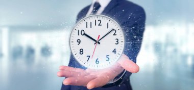 Bir saat zamanlayıcı 3d render tutan bir adam görünümü