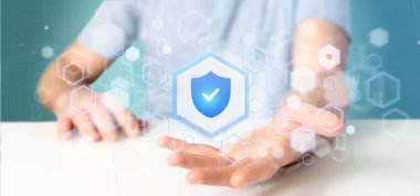 Bir kalkan web güvenlik kavramı 3d render tutan bir adam görünümü