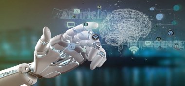 View of a Cyborg hand holding a artificial intelligence concpt with a brain and app 3d rendering clipart