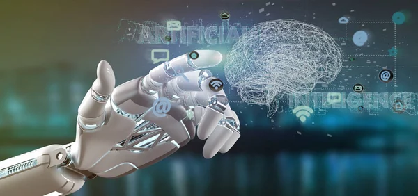 Cyborg Handen Håller Artificiell Intelligens Concpt Med Hjärna Och Appen — Stockfoto