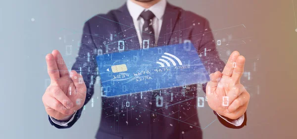 Vista Uomo Possesso Concetto Pagamento Con Carta Credito Contactless Rendering — Foto Stock