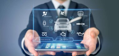 Bir pano smartcar arabirimi Pano 3d render tutan bir adam görünümü