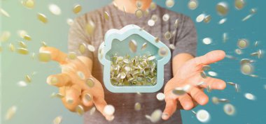 Sikke üzerinde tüm 3d render çevreleyen ile bir ev servet tutan bir adam görünümü