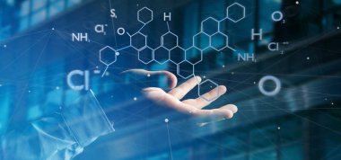 Bir arka plan üzerinde izole molekül yapısı oluşturma 3d tutan bir işadamı görünümünü