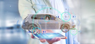 Checkings 3d render ile bir Smartcar tutan bir adam görünümü