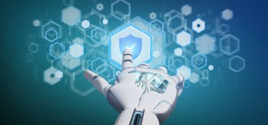 Bir kalkan web güvenlik kavramı 3d render tutan bir Cyborg el görünümünü