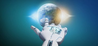 Dünya globle parçacıklar 3d render tutan bir Cyborg el görünümünü