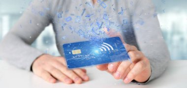 Temassız kredi kartı ödeme kavramı 3d render tutan bir adam görünümü