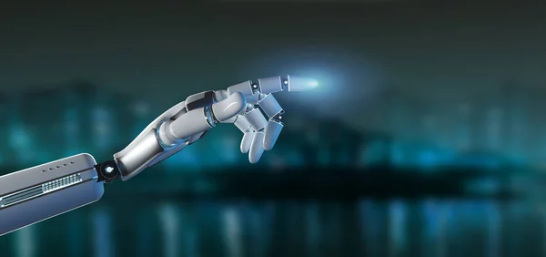 Näkymä Cyborg Robotti Käsi Kaupungin Taustalla Renderöinti — kuvapankkivalokuva