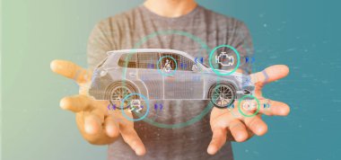 Checkings 3d render ile bir Smartcar tutan bir adam görünümü