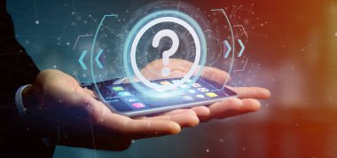 Bir teknoloji soru işareti simgesi üzerinde bir daire 3d render tutan bir adam görünümü