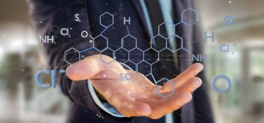 Bir arka plan üzerinde izole molekül yapısı oluşturma 3d tutan bir işadamı görünümünü