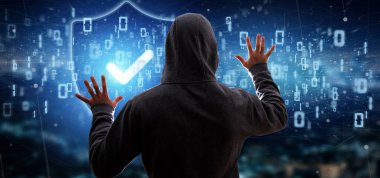Bir Hacker bir asma kilit web güvenlik kavramı 3d render tutan adam görünümünü