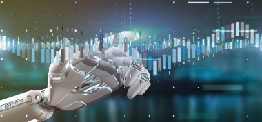Bir iş Borsası verileri bilgi 3d render ticaret tutan bir Cyborg el görünümünü