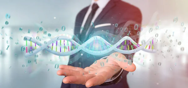 Affärsman Som Innehar Rendering Data Kodade Dna Med Binär Fil — Stockfoto