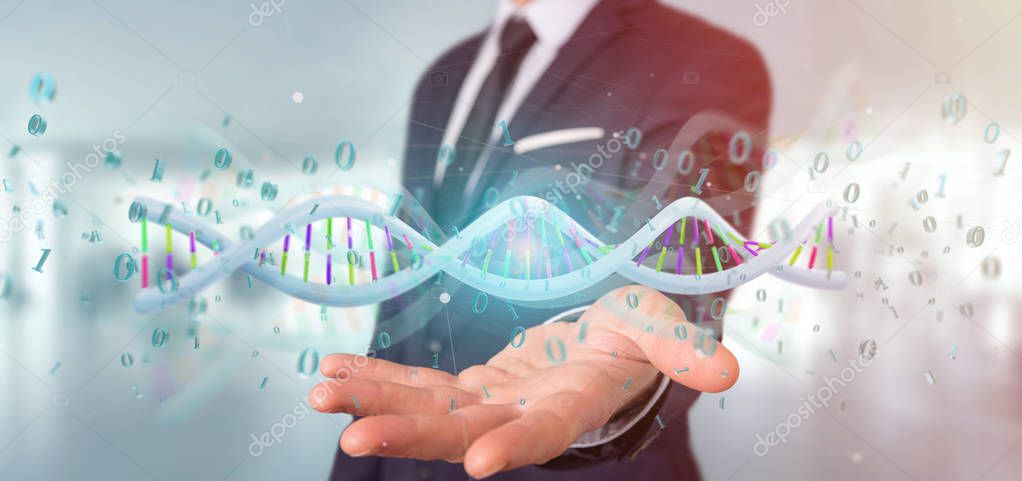 View of a Businessman holding a 3d rendering data coded Dna with binary file around