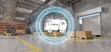 Bir ambar arka plan 3d render hızlı teslim sistemi kavramının görünüm