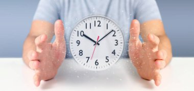 Bir saat zamanlayıcı 3d render tutan bir adam görünümü