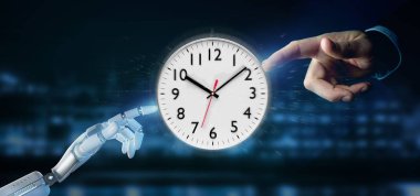 Bir saat zamanlayıcı 3d render tutan bir Cyborg el görünümünü