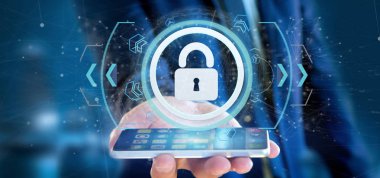 Bir asma kilit web güvenlik kavramı 3d render tutan bir adam görünümü