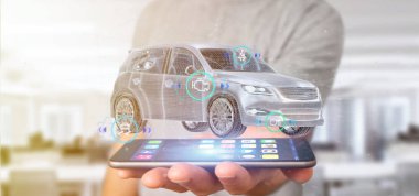 Checkings 3d render ile bir Smartcar tutan bir adam görünümü