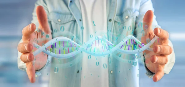 View Man Holding Rendering Data Coded Dna Binary File — Stock Photo, Image