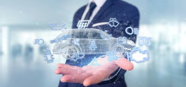 Smartcar simgesi bir otomobil 3d render etrafında tutan bir adam görünümü