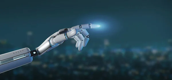 Vista Una Mano Robot Cyborg Sobre Fondo Ciudad Renderizado —  Fotos de Stock