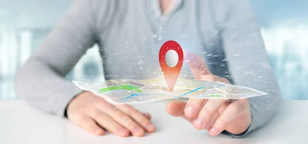 Visualizzazione Uomo Che Tiene Supporto Pin Rendering Una Mappa — Foto Stock