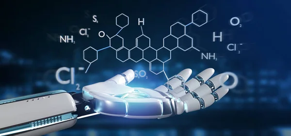 Vista Una Mano Cyborg Sosteniendo Una Estructura Molécula Renderizado — Foto de Stock