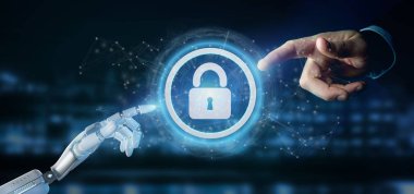 Bir teknoloji güvenlik simgesi üzerinde bir daire 3d render tutan bir Cyborg el görünümünü