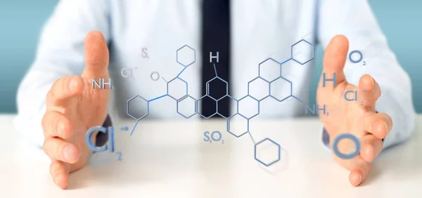 Vista Empresário Segurando Uma Estrutura Molécula Renderização Isolada Fundo — Fotografia de Stock
