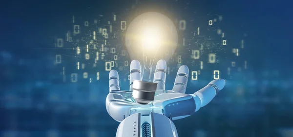 View Cyborg Hand Holding Bulb Lamp Idea Concept Data All — Stock Photo, Image