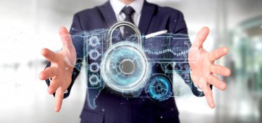 Bir asma kilit güvenlik teknoloji arabirimi 3d render tutan bir adam görünümü