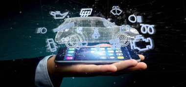 Smartcar simgesi bir otomobil 3d render etrafında tutan bir adam görünümü