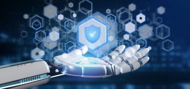 Bir kalkan web güvenlik kavramı 3d render tutan bir Cyborg el görünümünü