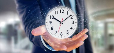 Bir saat zamanlayıcı 3d render tutan bir adam görünümü